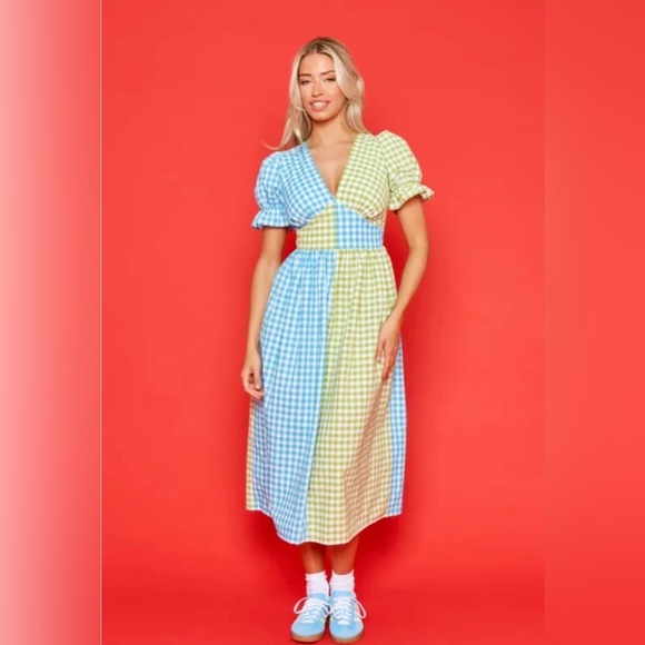 molby the label Dresses & Skirts - Molby The Label Women's Short Sleeve Gingham Tilda Dress green blue Size 18